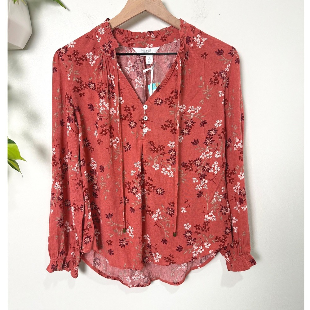 Market & Spruce Ava Tie Neck Long Sleeve Top Dark Pink Floral Blouse SP Boho NWT
